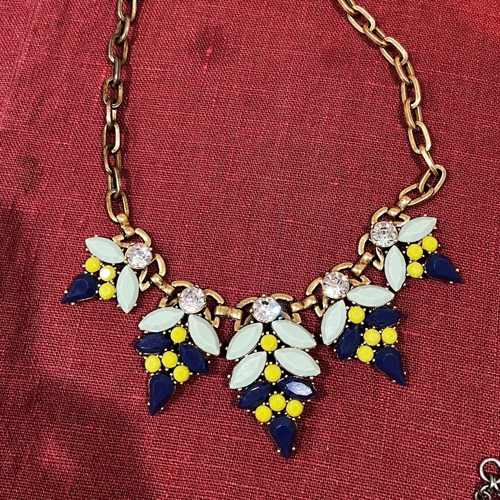 J Crew Blue, Teal and Green Flower Crystal Rhinestone Bib Statement Necklace